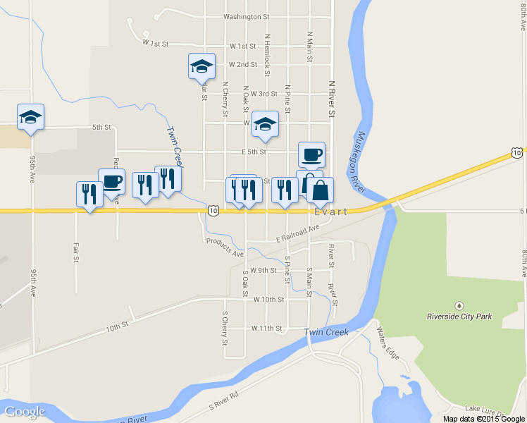 map of restaurants, bars, coffee shops, grocery stores, and more near 313 West 7th Street in Evart