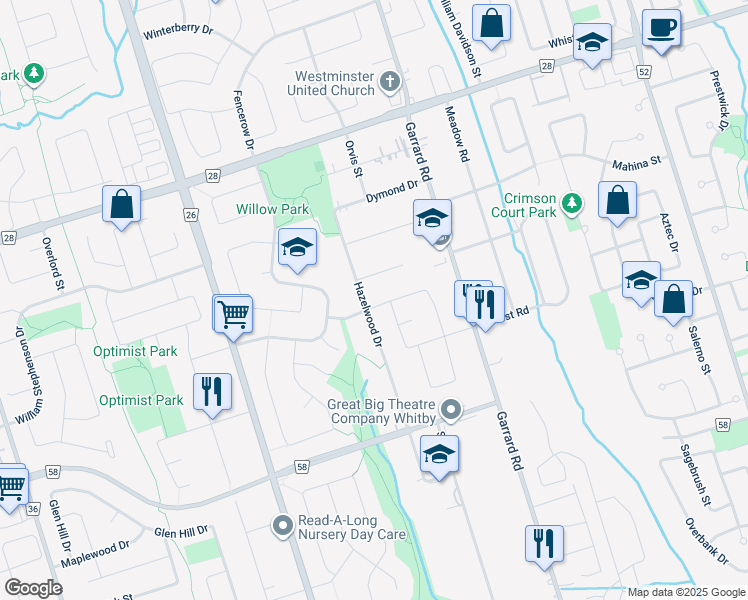 map of restaurants, bars, coffee shops, grocery stores, and more near 20 Evergreen Drive in Whitby
