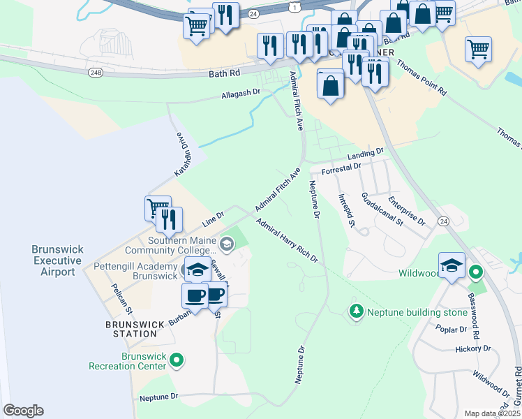 map of restaurants, bars, coffee shops, grocery stores, and more near 97 Admiral Fitch Avenue in Brunswick