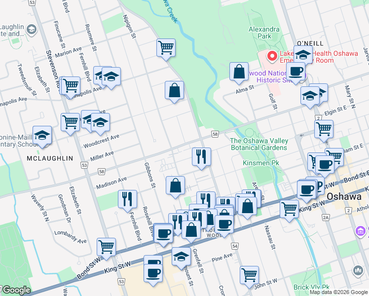 map of restaurants, bars, coffee shops, grocery stores, and more near 309 Adelaide Avenue West in Oshawa