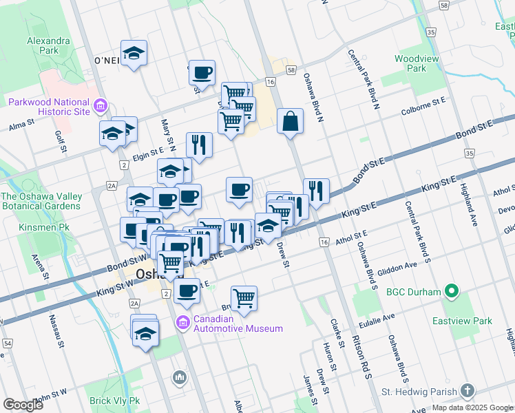map of restaurants, bars, coffee shops, grocery stores, and more near in Oshawa