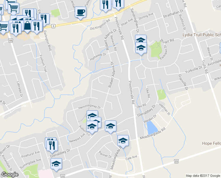 map of restaurants, bars, coffee shops, grocery stores, and more near 95 Robert Adams Drive in Courtice