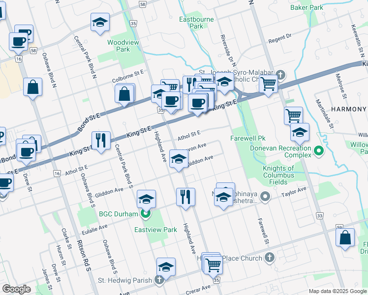 map of restaurants, bars, coffee shops, grocery stores, and more near 562 Devon Avenue in Oshawa