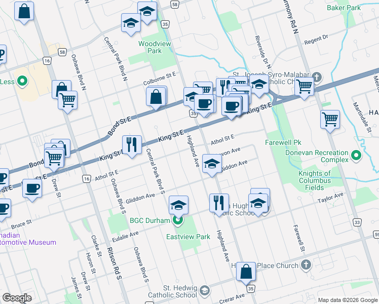 map of restaurants, bars, coffee shops, grocery stores, and more near 503 Athol Street East in Oshawa