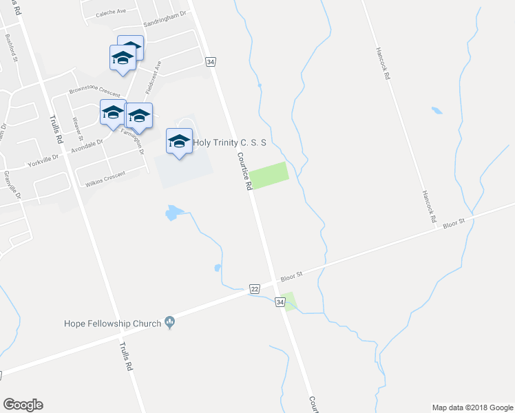 map of restaurants, bars, coffee shops, grocery stores, and more near 2165 Courtice Road in Courtice