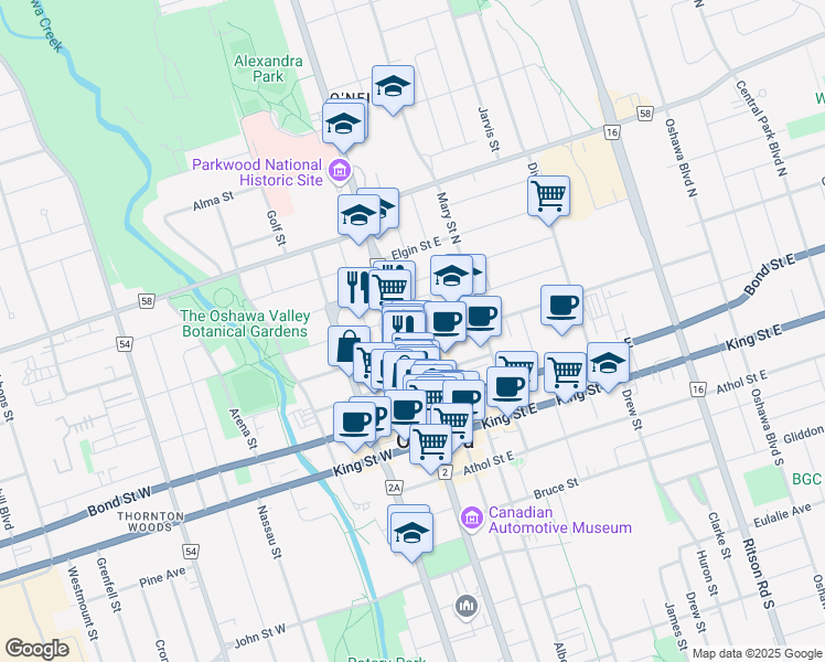 map of restaurants, bars, coffee shops, grocery stores, and more near in Oshawa