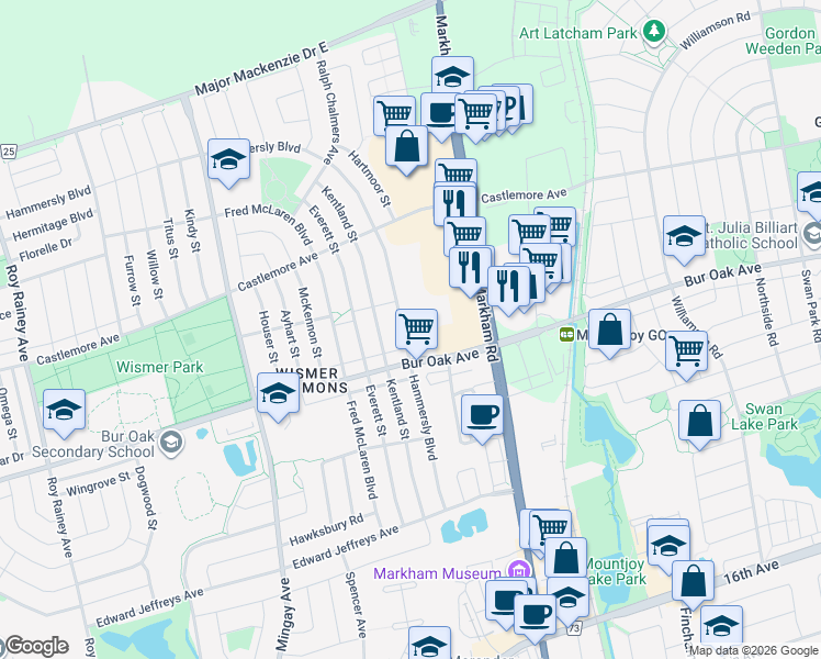 map of restaurants, bars, coffee shops, grocery stores, and more near in Markham