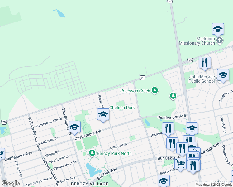 map of restaurants, bars, coffee shops, grocery stores, and more near 28 Bertram Earnshaw Drive in Markham