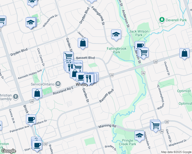 map of restaurants, bars, coffee shops, grocery stores, and more near 812 Rossland Road East in Whitby