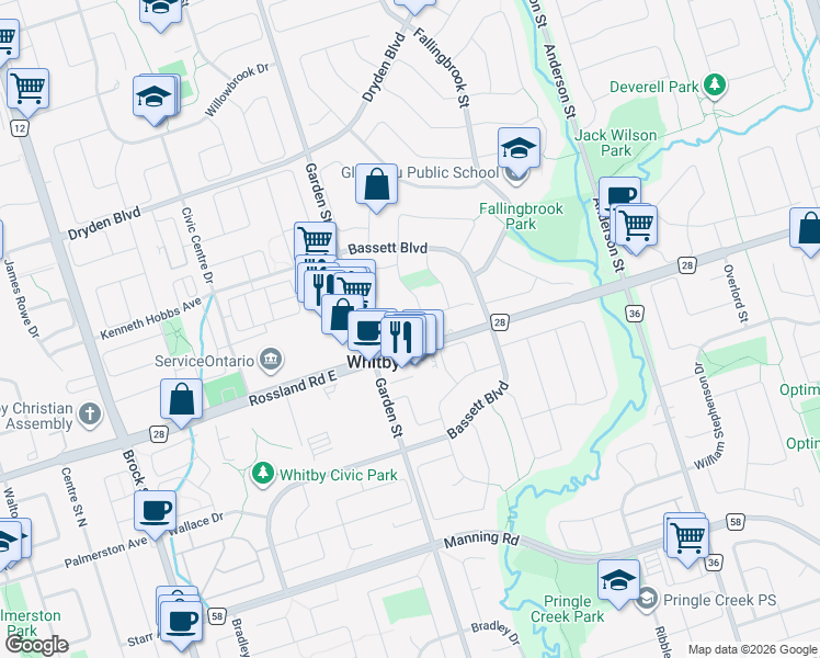 map of restaurants, bars, coffee shops, grocery stores, and more near 714 Rossland Road East in Whitby