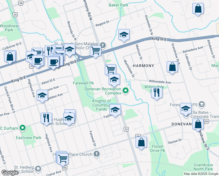 map of restaurants, bars, coffee shops, grocery stores, and more near 146 Harmony Road South in Oshawa