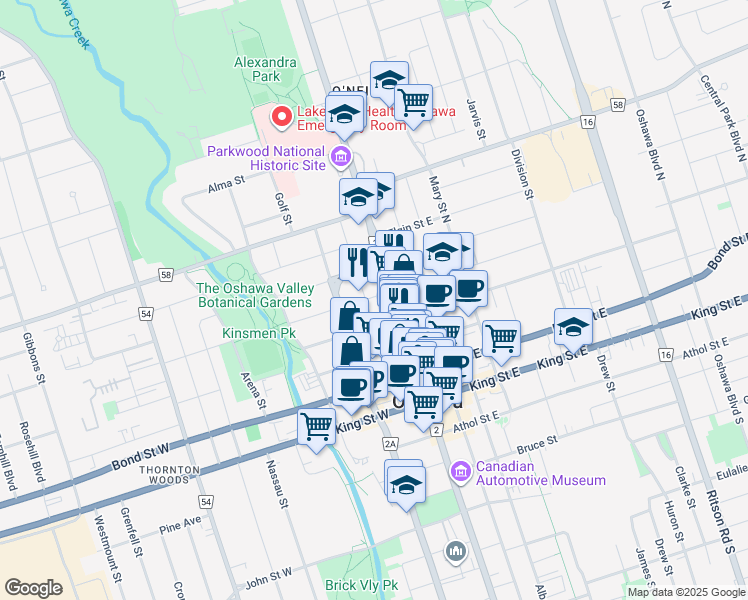 map of restaurants, bars, coffee shops, grocery stores, and more near 122 Durham Regional Road 2 in Oshawa