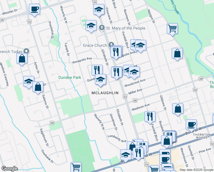 map of restaurants, bars, coffee shops, grocery stores, and more near in Oshawa