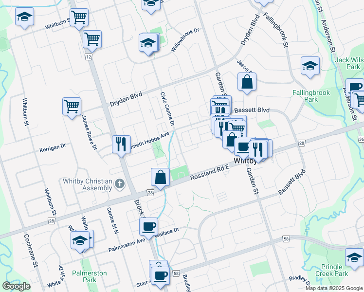 map of restaurants, bars, coffee shops, grocery stores, and more near 16 Coffee Tree Court in Whitby