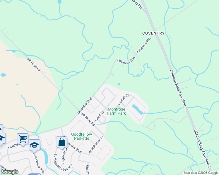map of restaurants, bars, coffee shops, grocery stores, and more near 92 Senator Way in Caledon