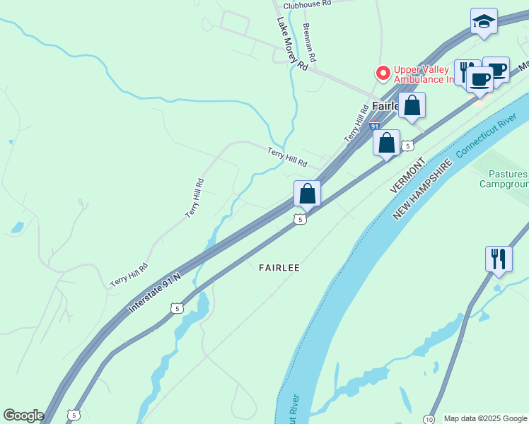 map of restaurants, bars, coffee shops, grocery stores, and more near 205 Batchelder Road in Fairlee