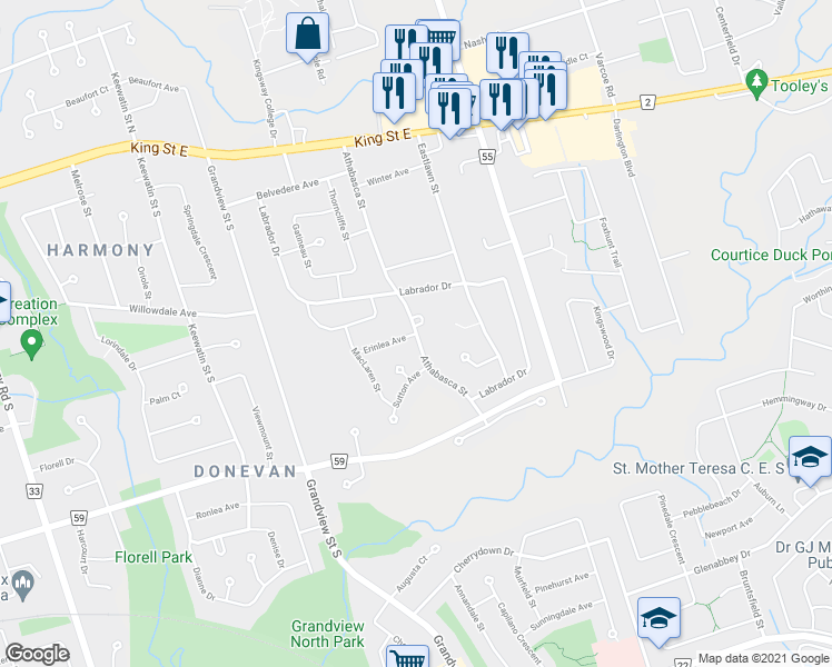map of restaurants, bars, coffee shops, grocery stores, and more near Erinlea Avenue in Oshawa