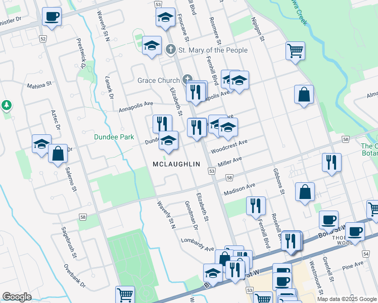 map of restaurants, bars, coffee shops, grocery stores, and more near 301 Elizabeth Street in Oshawa