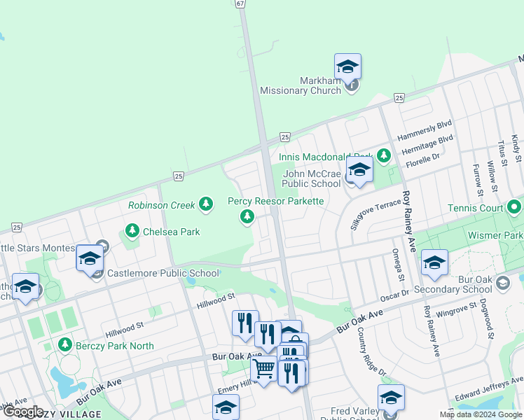 map of restaurants, bars, coffee shops, grocery stores, and more near 5 Percy Reesor Street in Markham