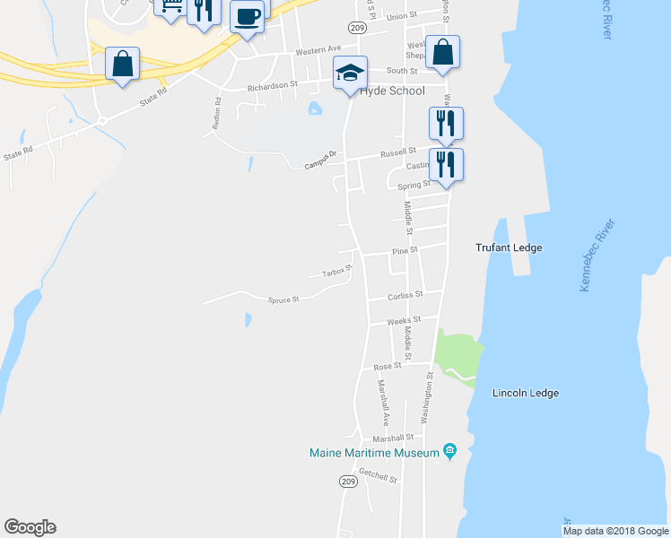 map of restaurants, bars, coffee shops, grocery stores, and more near 9 Tarbox Street in Bath