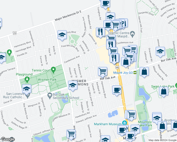 map of restaurants, bars, coffee shops, grocery stores, and more near 190 Everett Street in Markham