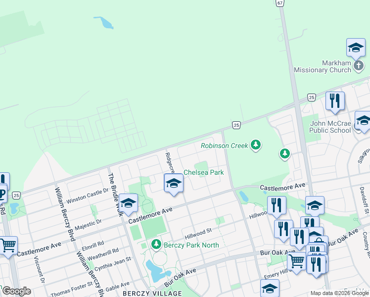 map of restaurants, bars, coffee shops, grocery stores, and more near 25 Courtfield Crescent in Markham