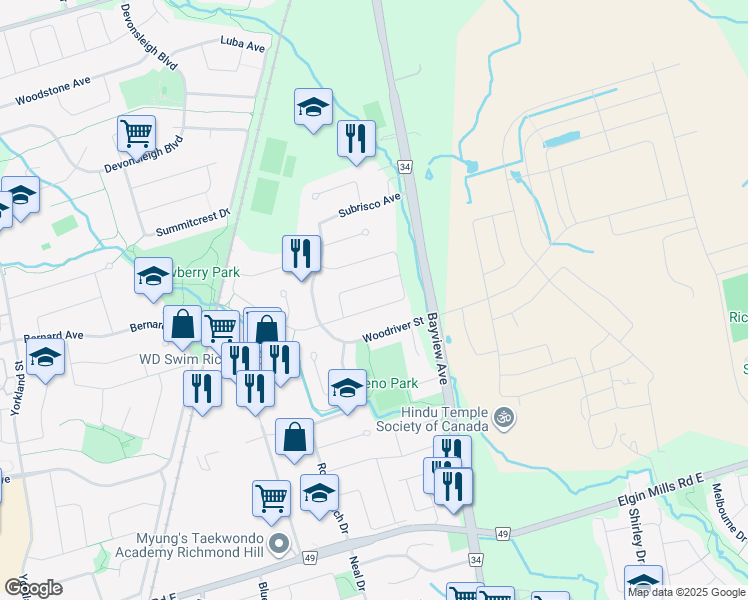 map of restaurants, bars, coffee shops, grocery stores, and more near 81 Bilbermar Drive in Richmond Hill