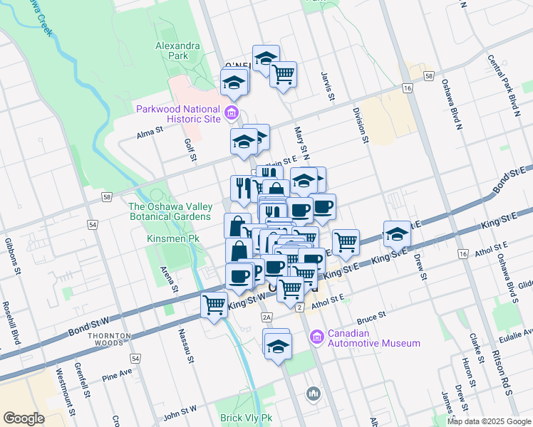 map of restaurants, bars, coffee shops, grocery stores, and more near 122 Durham Regional Road 2 in Oshawa