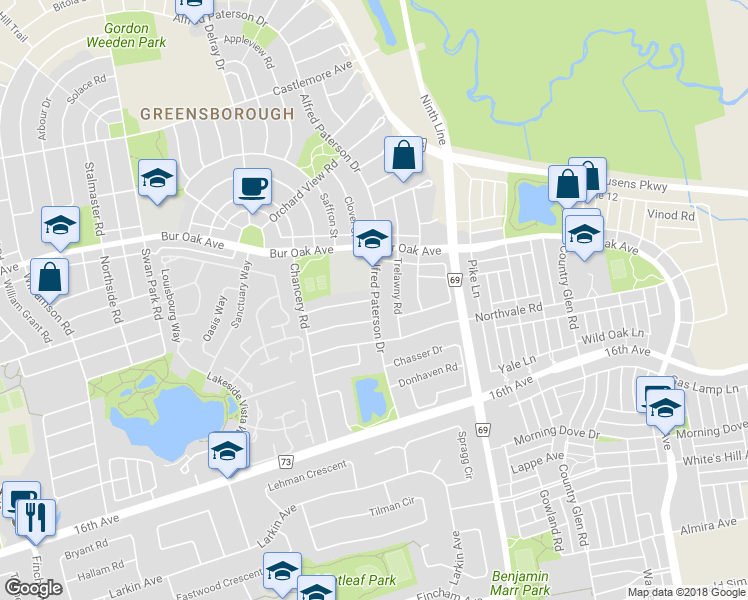 map of restaurants, bars, coffee shops, grocery stores, and more near 39 Reston Ridge Street in Markham