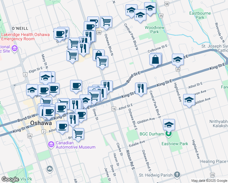 map of restaurants, bars, coffee shops, grocery stores, and more near 272 King Street East in Oshawa