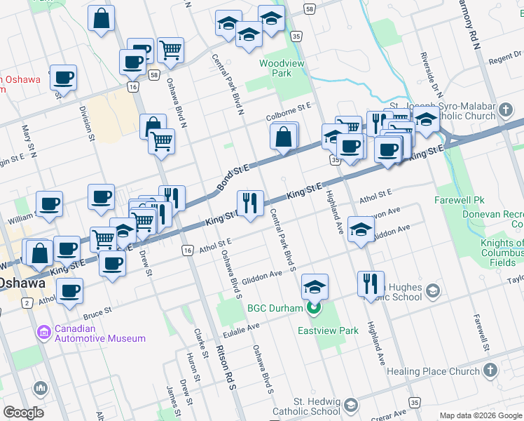 map of restaurants, bars, coffee shops, grocery stores, and more near 403 King Street East in Oshawa