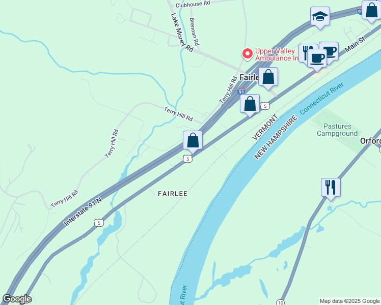 map of restaurants, bars, coffee shops, grocery stores, and more near 432 U.S. 5 in Fairlee