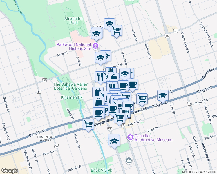 map of restaurants, bars, coffee shops, grocery stores, and more near 122 Durham Regional Road 2 in Oshawa