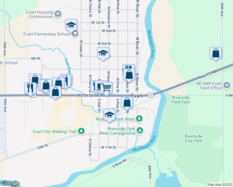 map of restaurants, bars, coffee shops, grocery stores, and more near 201 West 7th Street in Evart