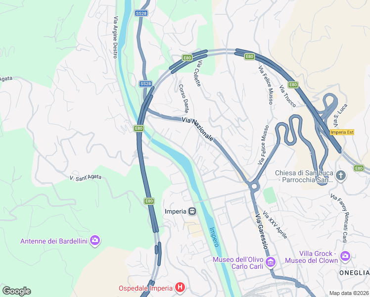 map of restaurants, bars, coffee shops, grocery stores, and more near 144 Via Argine Sinistro Goffredo Alterisio in Imperia