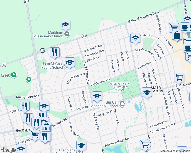 map of restaurants, bars, coffee shops, grocery stores, and more near 6 Hyacinth Street in Markham