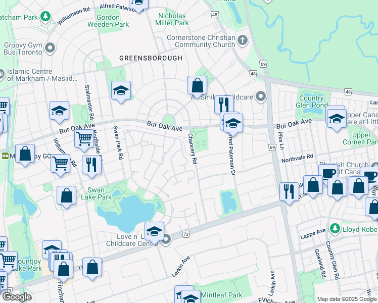 map of restaurants, bars, coffee shops, grocery stores, and more near in Markham