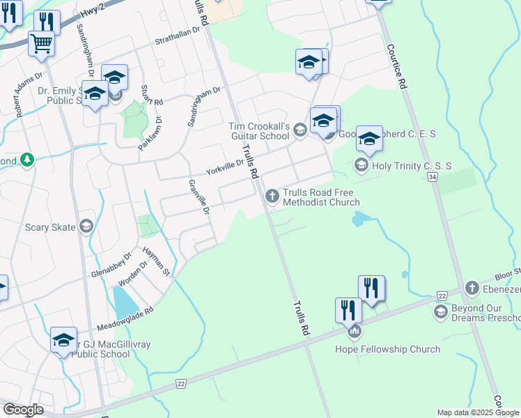 map of restaurants, bars, coffee shops, grocery stores, and more near 2304 Trulls Road in Courtice