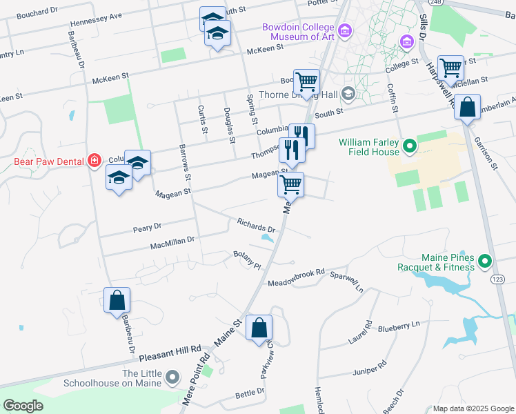 map of restaurants, bars, coffee shops, grocery stores, and more near 12 Colonial Drive in Brunswick