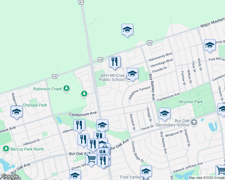 map of restaurants, bars, coffee shops, grocery stores, and more near 33 Eakin Mill Road in Markham