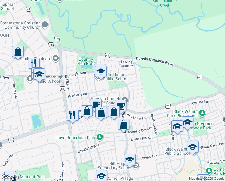 map of restaurants, bars, coffee shops, grocery stores, and more near 109 Northvale Road in Markham