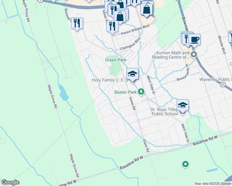 map of restaurants, bars, coffee shops, grocery stores, and more near 15 Farmstead Drive in Clarington