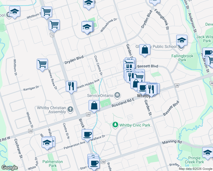 map of restaurants, bars, coffee shops, grocery stores, and more near 115 Civic Centre Drive in Whitby