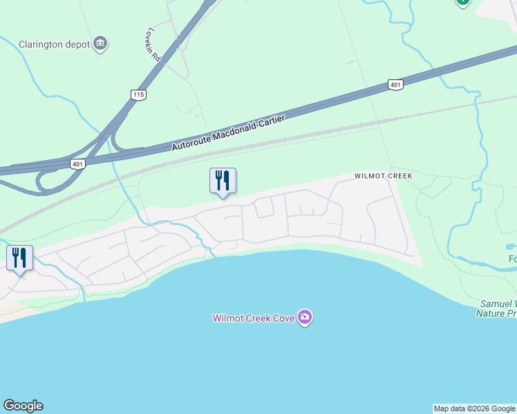map of restaurants, bars, coffee shops, grocery stores, and more near 2 Pineridge Crescent in Clarington