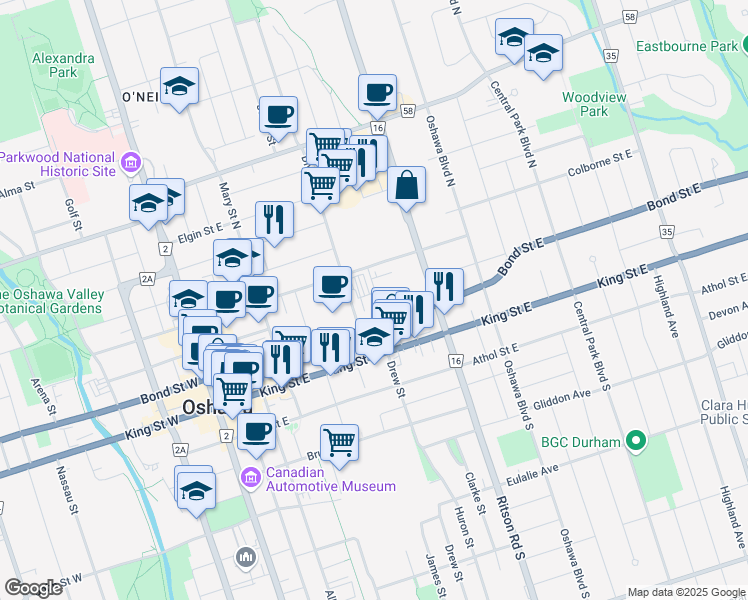map of restaurants, bars, coffee shops, grocery stores, and more near in Oshawa