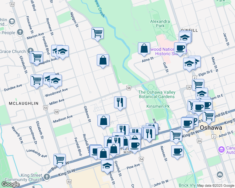 map of restaurants, bars, coffee shops, grocery stores, and more near in Oshawa
