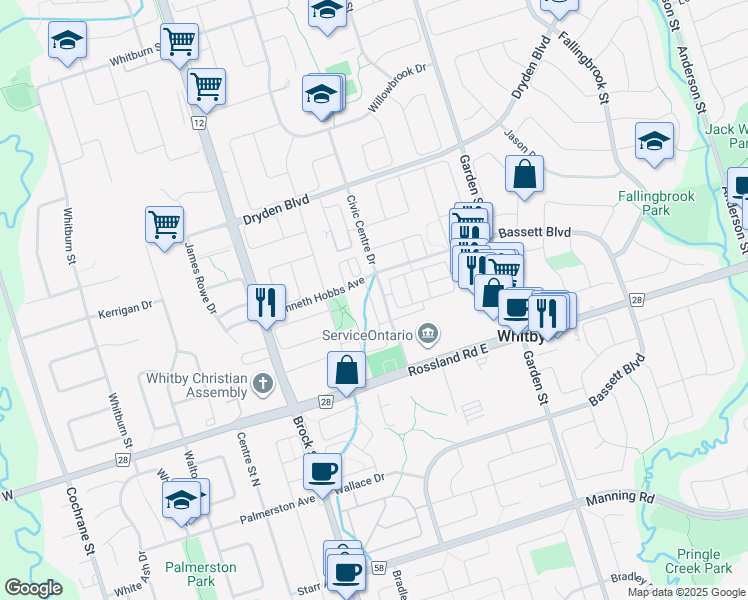 map of restaurants, bars, coffee shops, grocery stores, and more near 58 Donald Fleming Way in Whitby