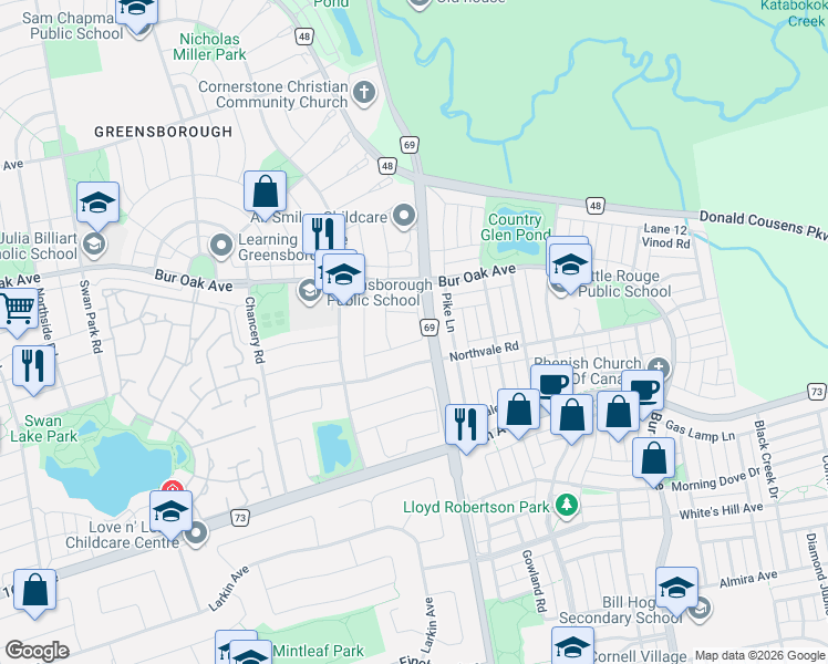 map of restaurants, bars, coffee shops, grocery stores, and more near 40 Outlook Terrace Drive in Markham