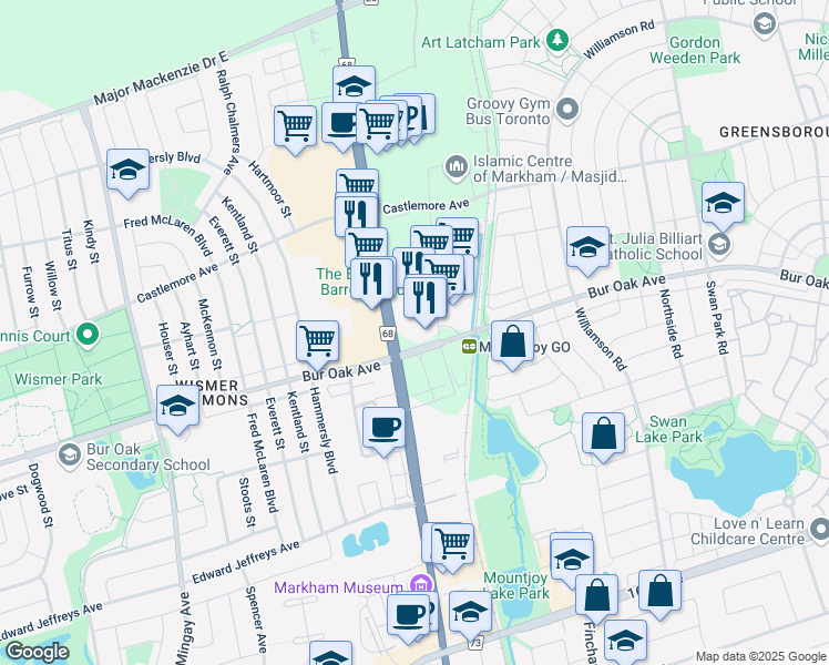 map of restaurants, bars, coffee shops, grocery stores, and more near in Markham