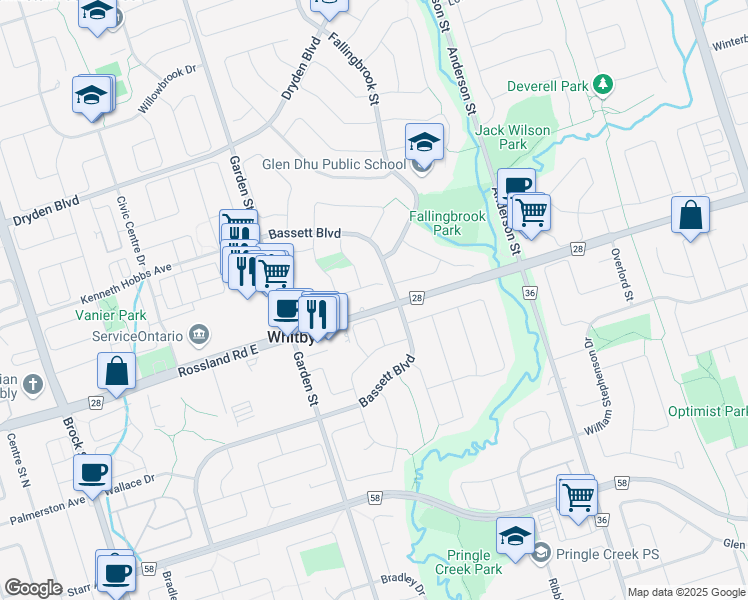 map of restaurants, bars, coffee shops, grocery stores, and more near 908 Rossland Road East in Whitby